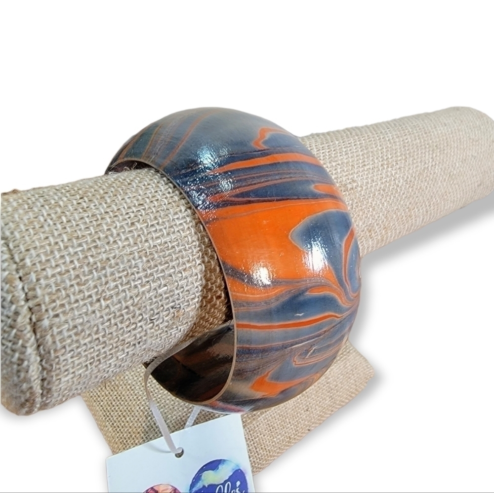 All My Marbles Wooden Bangle Bracelet in orange & blue marbled paint Size Small